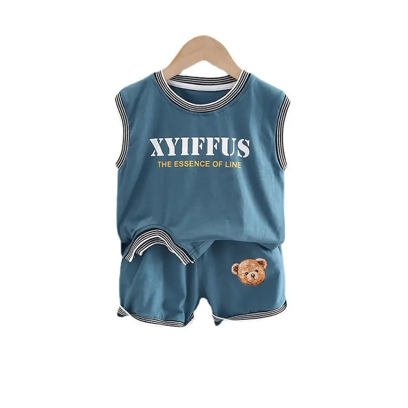 Kids Casual Round Neck Sleeveless Letter Pattern Vest And Bear Pattern Elastic Shorts Set - Venus Trendy Fashion Online