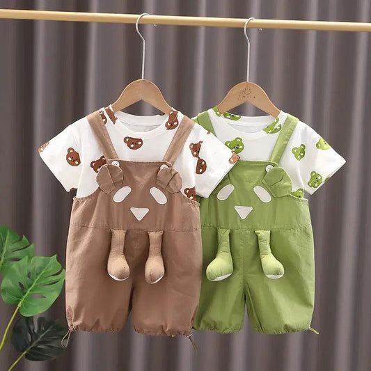 Kids Toddler Boys Summer Fashion Casual Cute Solid Color Cartoon Bear Round Neck T-Shirt Suspenders Set - Venus Trendy Fashion Online