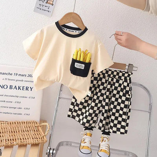 Kids Toddler Boys Summer Fashion Casual Cute Solid Color Fries Round Neck T-Shirt Plaid Shorts Set - Venus Trendy Fashion Online