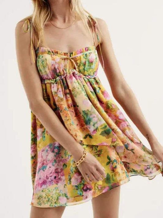 Lace-up French niche color-block floral sling dress - Venus Trendy Fashion Online