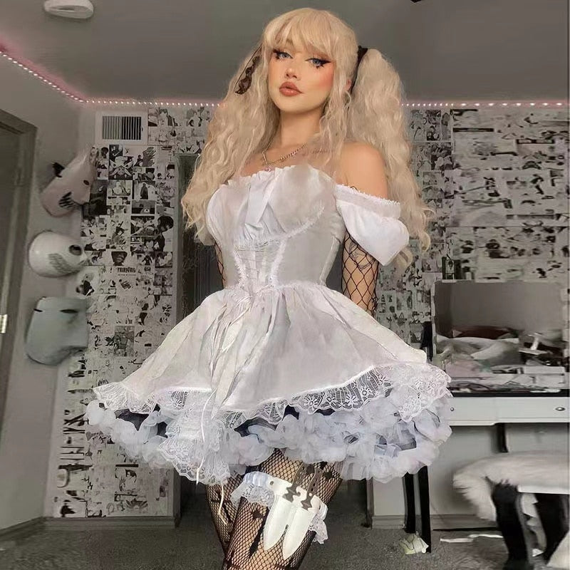 Lolita Goth Aesthetic Puff Sleeve High Waist Vintage Bandage Lace Trim Party Gothic Clothes Venus Trendy Fashion Online