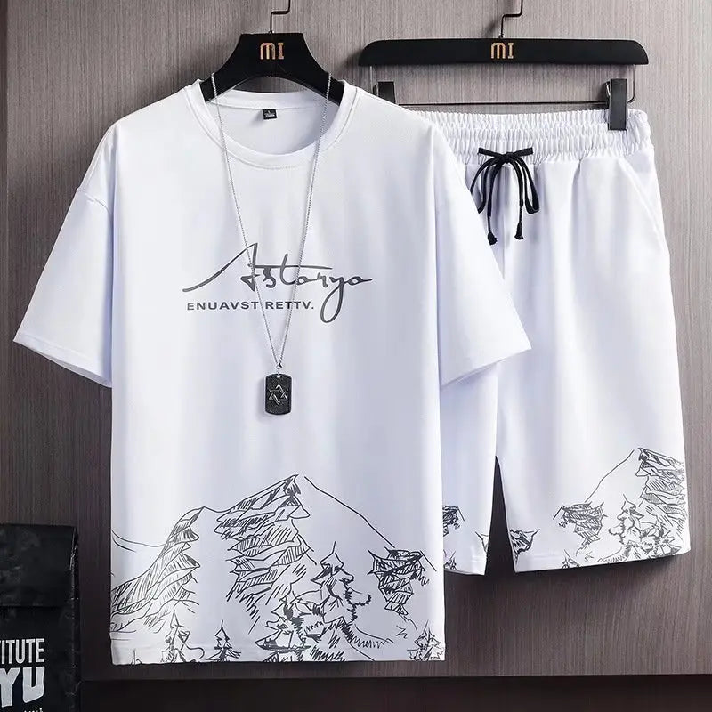 Men'S Casual Snow Mountain Graphic Print Short-Sleeved T-Shirt And Shorts Set - Venus Trendy Fashion Online