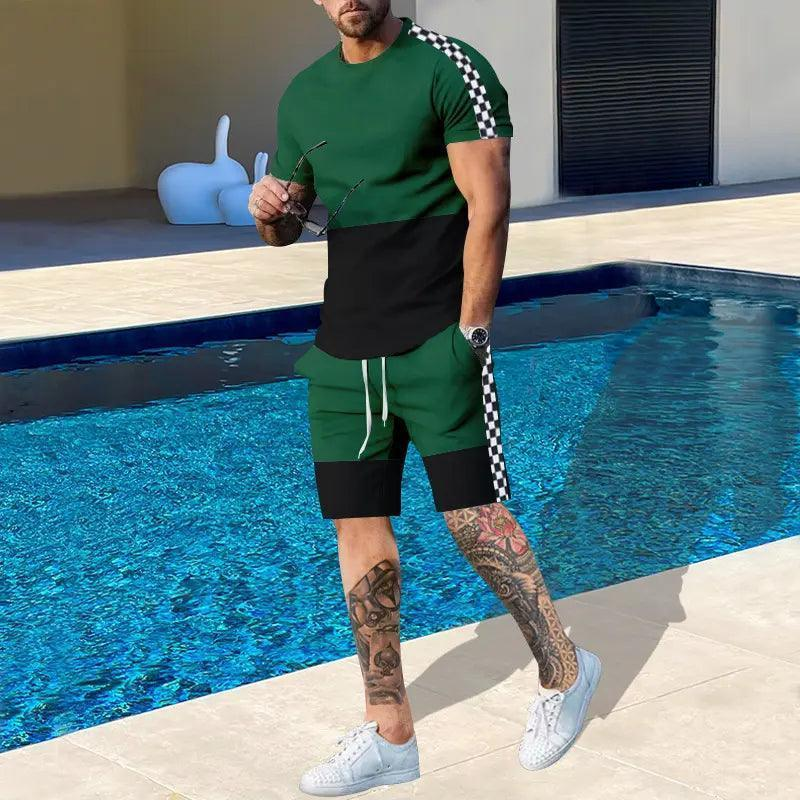 Men'S Fashion Round Neck Short-Sleeved Color Matching Sports T-Shirt And Shorts Two-Piece Set - Venus Trendy Fashion Online