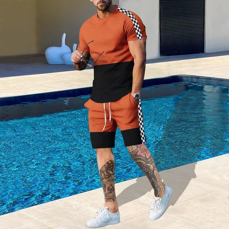 Men'S Fashion Round Neck Short-Sleeved Color Matching Sports T-Shirt And Shorts Two-Piece Set - Venus Trendy Fashion Online