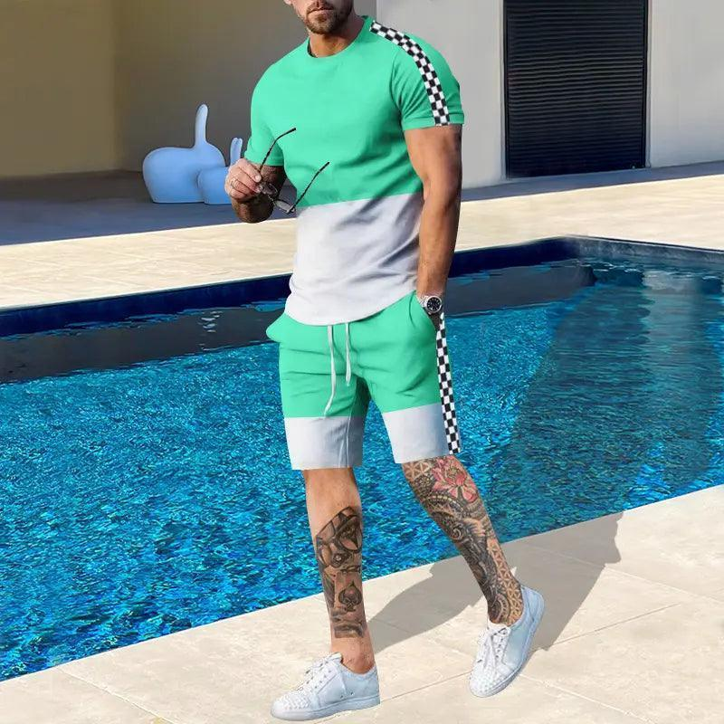 Men'S Fashion Round Neck Short-Sleeved Color Matching Sports T-Shirt And Shorts Two-Piece Set - Venus Trendy Fashion Online