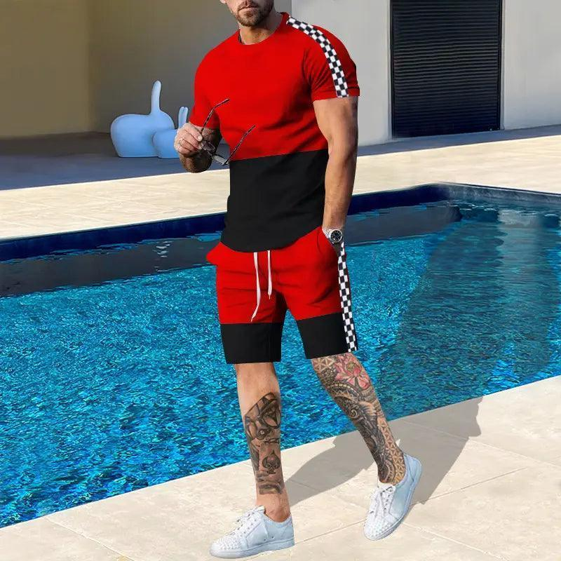 Men'S Fashion Round Neck Short-Sleeved Color Matching Sports T-Shirt And Shorts Two-Piece Set - Venus Trendy Fashion Online