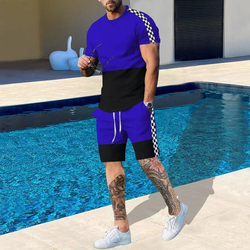 Men'S Fashion Round Neck Short-Sleeved Color Matching Sports T-Shirt And Shorts Two-Piece Set - Venus Trendy Fashion Online