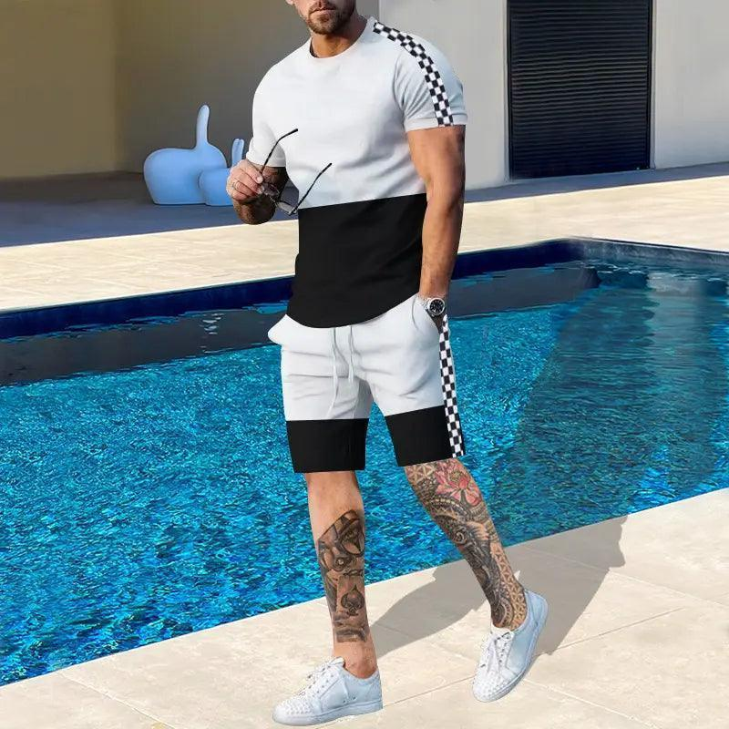 Men'S Fashion Round Neck Short-Sleeved Color Matching Sports T-Shirt And Shorts Two-Piece Set - Venus Trendy Fashion Online