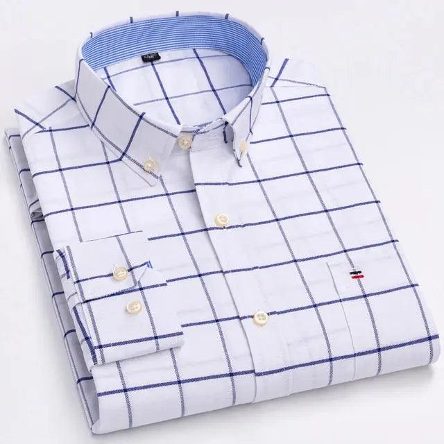 Men's 100% Cotton Plaid Checkered Long Sleeve Oxford Shirt - Venus Trendy Fashion Online