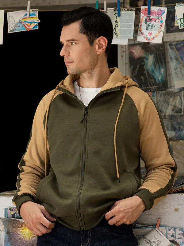 Men's casual contrasting color zipper cardigan hooded sweatshirt - Venus Trendy Fashion Online