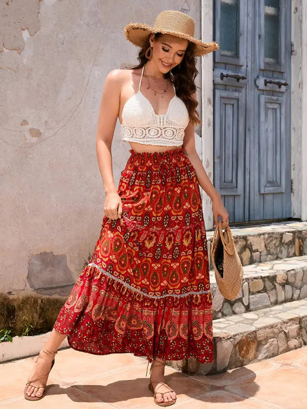 New Women's Bohemian Hollow Printed Patchwork Skirt - Venus Trendy Fashion Online