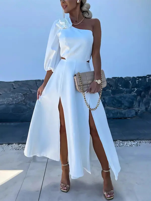 New casual party slanted shoulder slit double layer dress  Venus Trendy Fashion Online