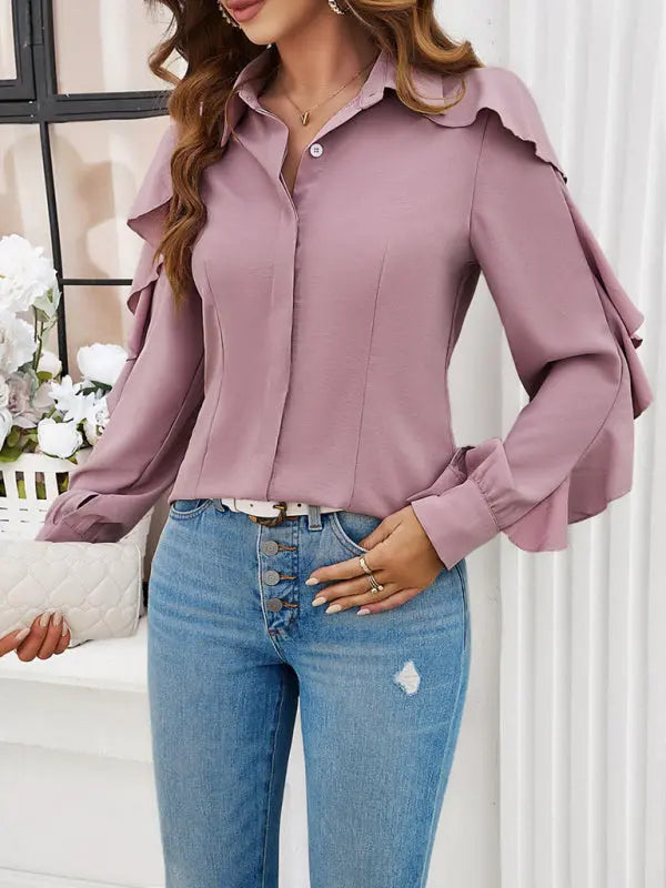 New casual solid color ruffle sleeve shirt - Venus Trendy Fashion Online