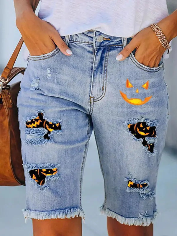 New denim casual five-point pants Halloween printed pants raw edge jeans - Venus Trendy Fashion Online