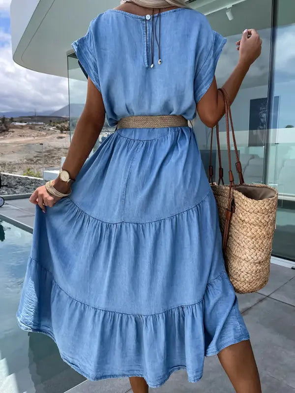 New fashionable waisted simple round neck solid color dress without belt Venus Trendy Fashion Online