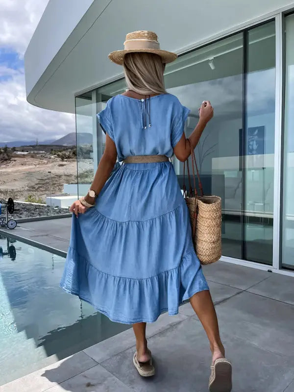 New fashionable waisted simple round neck solid color dress without belt Venus Trendy Fashion Online