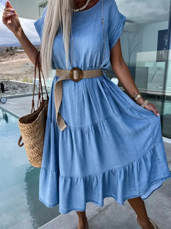 New fashionable waisted simple round neck solid color dress without belt Venus Trendy Fashion Online