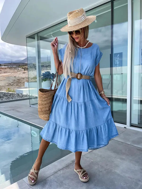 New fashionable waisted simple round neck solid color dress without belt Venus Trendy Fashion Online