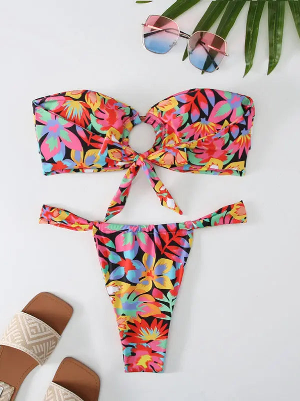 New floral plaid print bandeau bikini - Venus Trendy Fashion Online