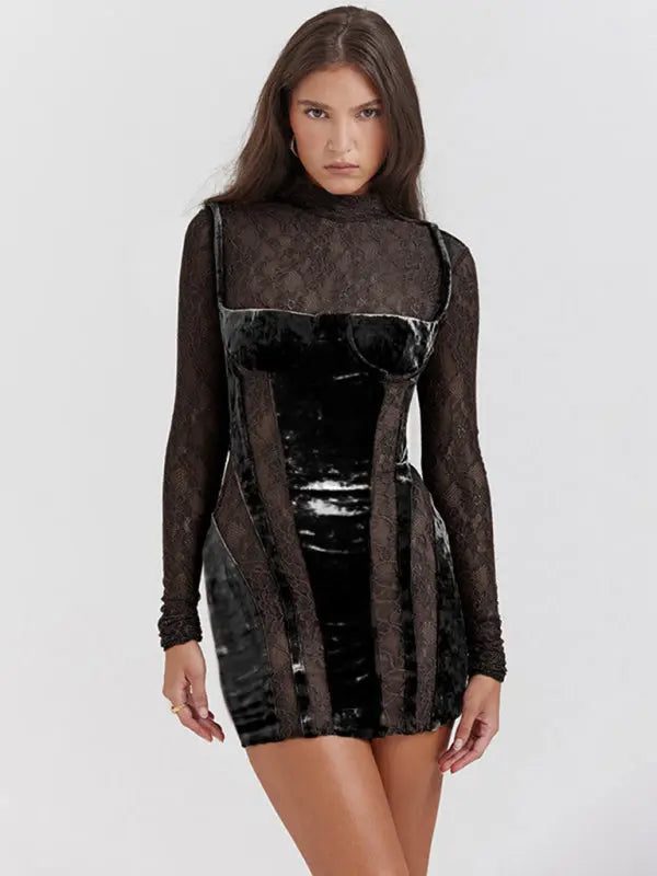 New high collar lace long sleeve hollow contrasting color slim fit dress Venus Trendy Fashion Online