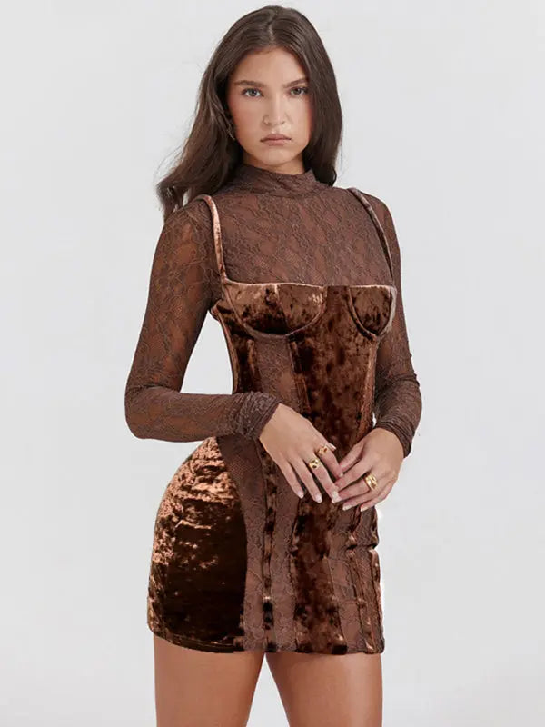 New high collar lace long sleeve hollow contrasting color slim fit dress Venus Trendy Fashion Online