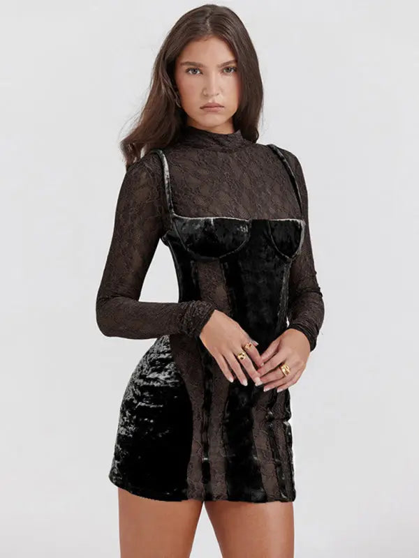 New high collar lace long sleeve hollow contrasting color slim fit dress Venus Trendy Fashion Online