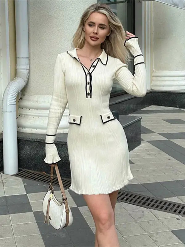 New short French pitted skinny lapel dress - Venus Trendy Fashion Online