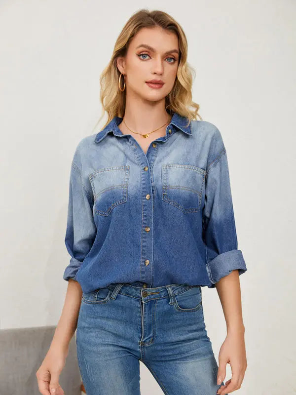 New style comfortable casual lapel gradient denim shirt jacket - Venus Trendy Fashion Online