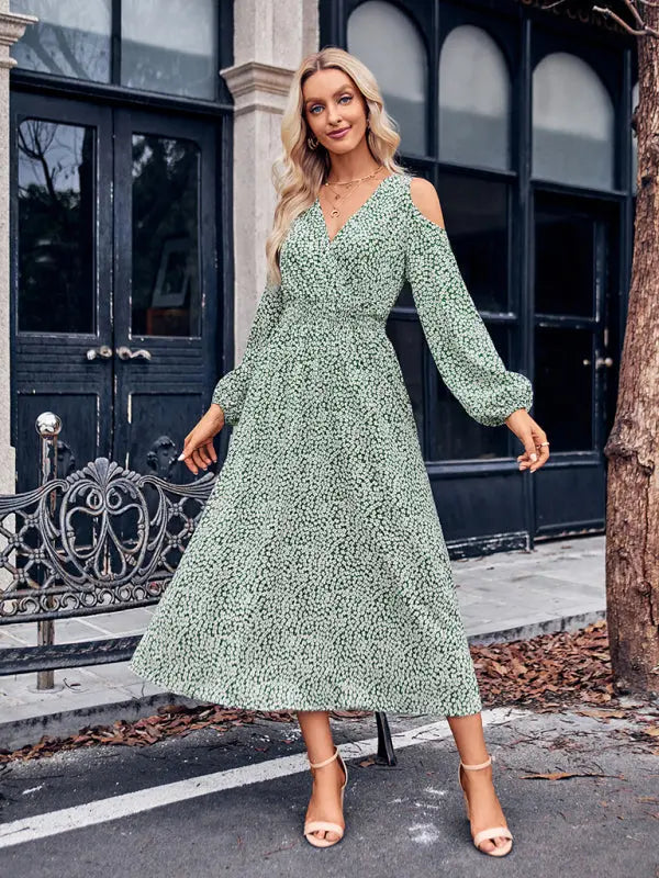 New women's new casual off-the-shoulder printed V-neck long-sleeved long-sleeved dress - Venus Trendy Fashion Online