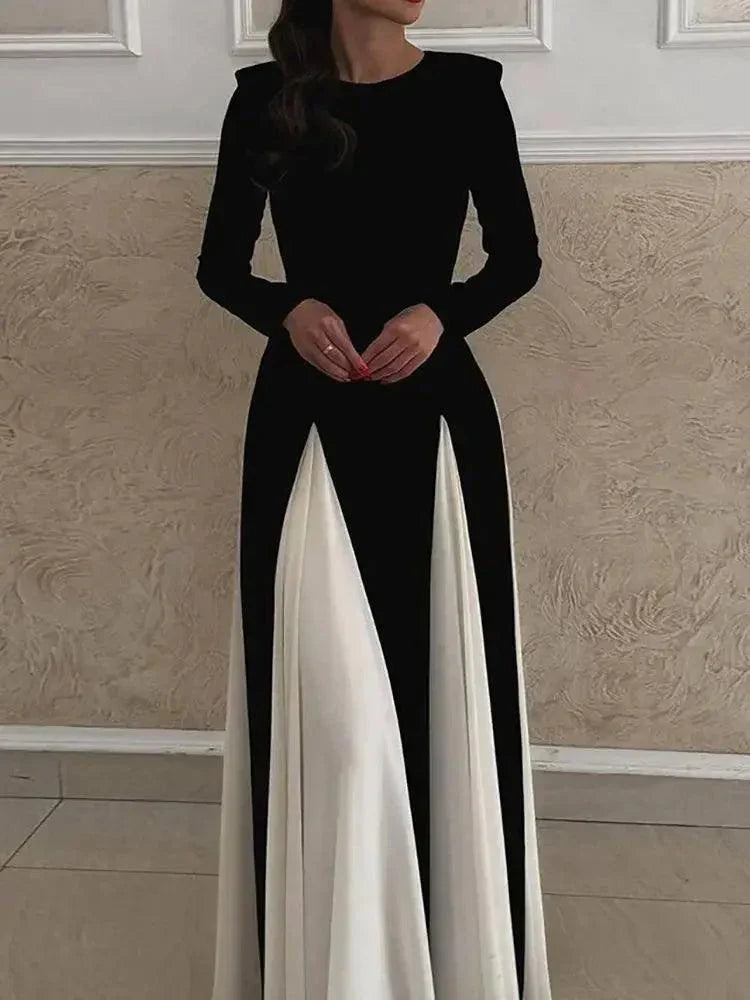 O-Neck Black White Patchwork Vintage Maxi Dress - Venus Trendy Fashion Online
