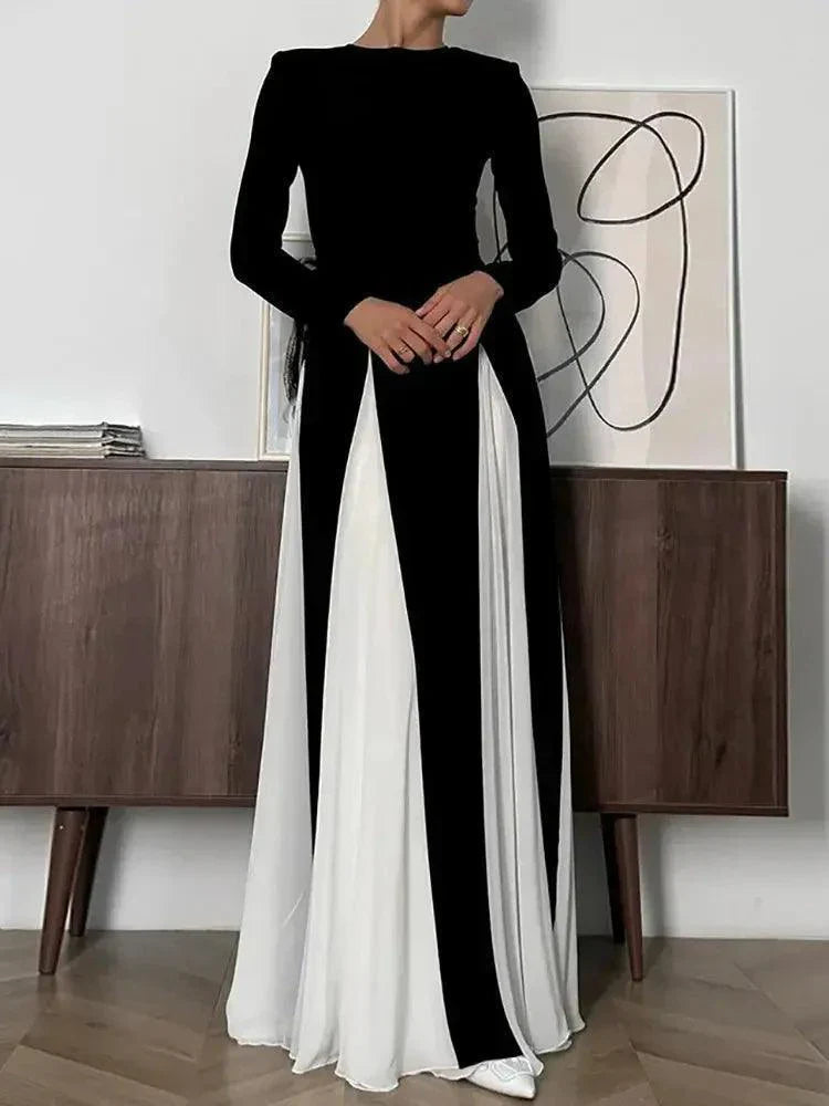 O-Neck Black White Patchwork Vintage Maxi Dress - Venus Trendy Fashion Online