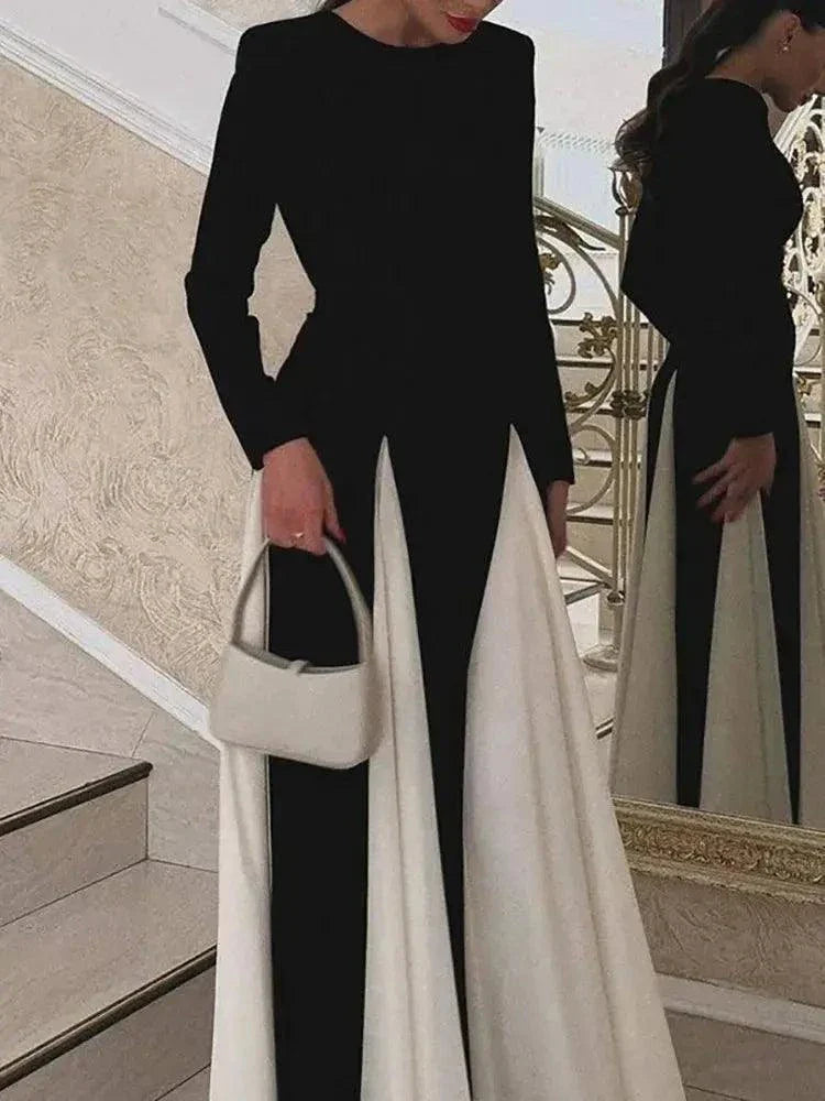 O-Neck Black White Patchwork Vintage Maxi Dress - Venus Trendy Fashion Online