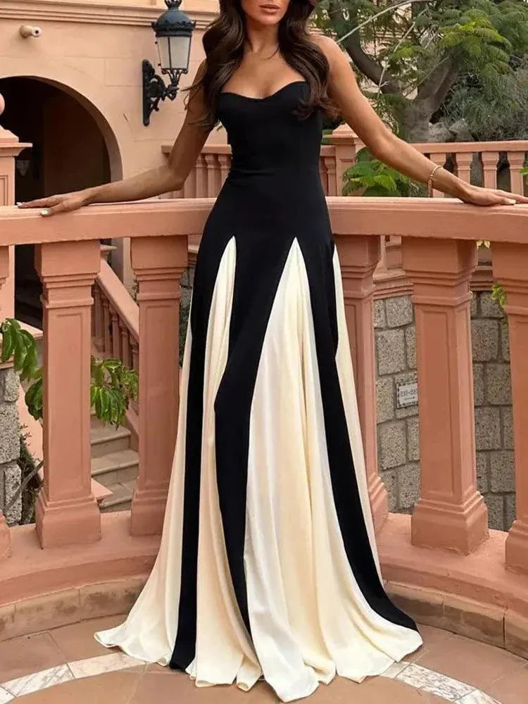 O-Neck Black White Patchwork Vintage Maxi Dress - Venus Trendy Fashion Online