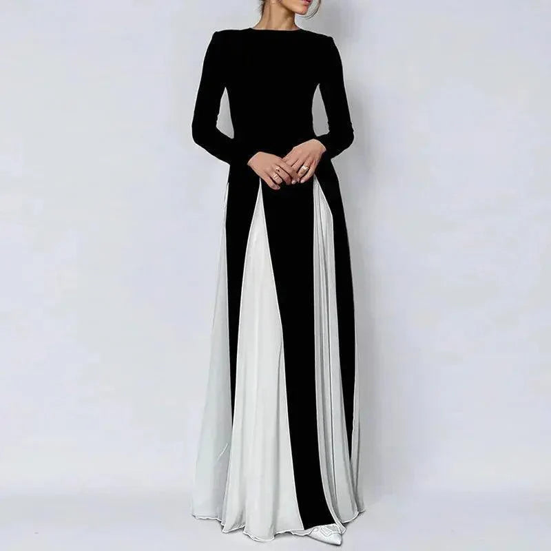O-Neck Black White Patchwork Vintage Maxi Dress - Venus Trendy Fashion Online