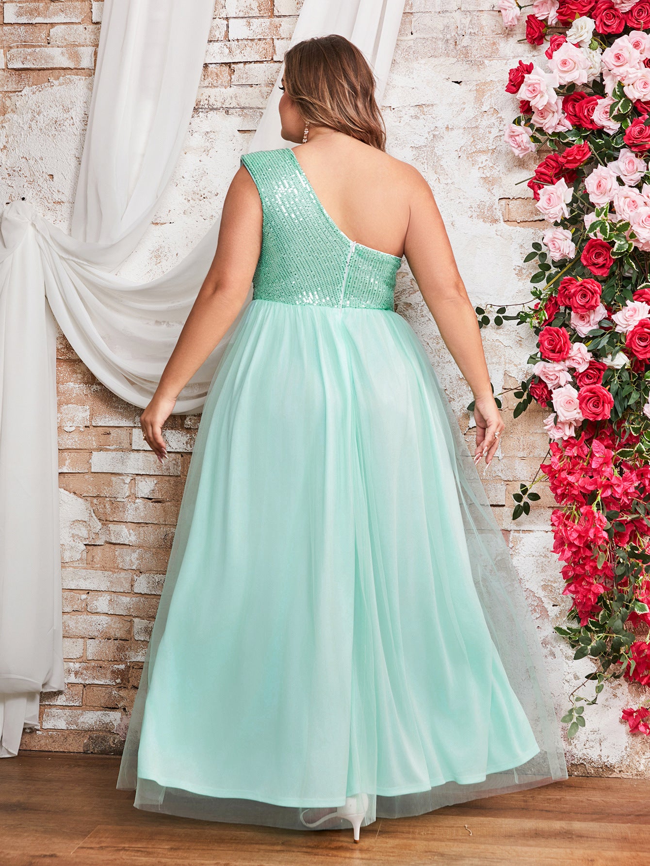 Plus Size Women Elegant Mesh Diagonal Shoulder Dress