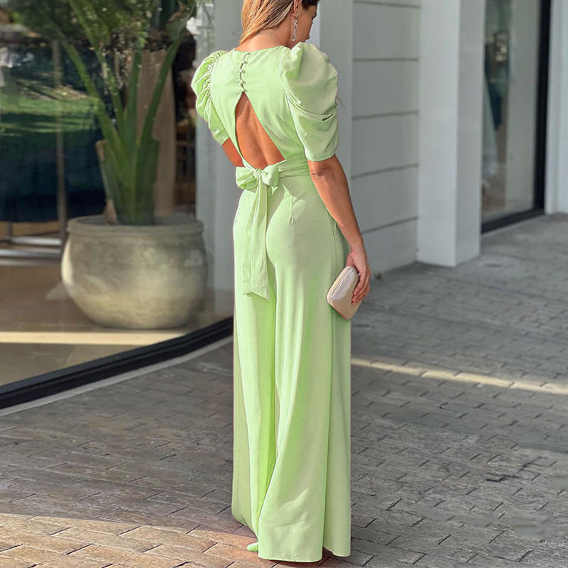 Women Short Sleeve Elegant Wide Legs Jumpsuit