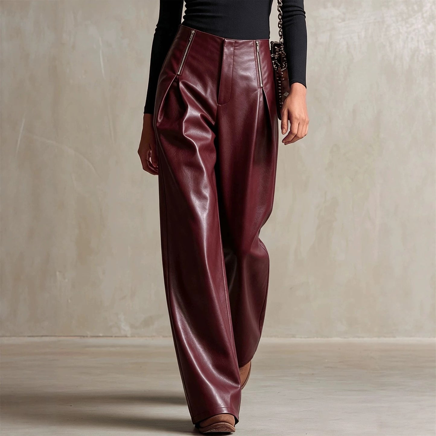 High Waist Loose Waist Faux Leather Casual Trousers