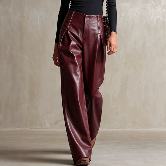 High Waist Loose Waist Faux Leather Casual Trousers