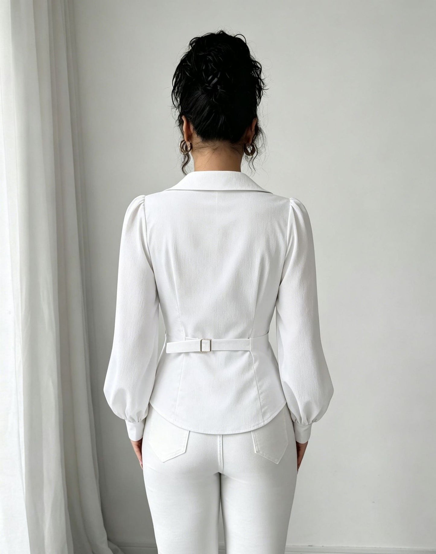 French Collared V neck Cross Wrap Waist Shirt