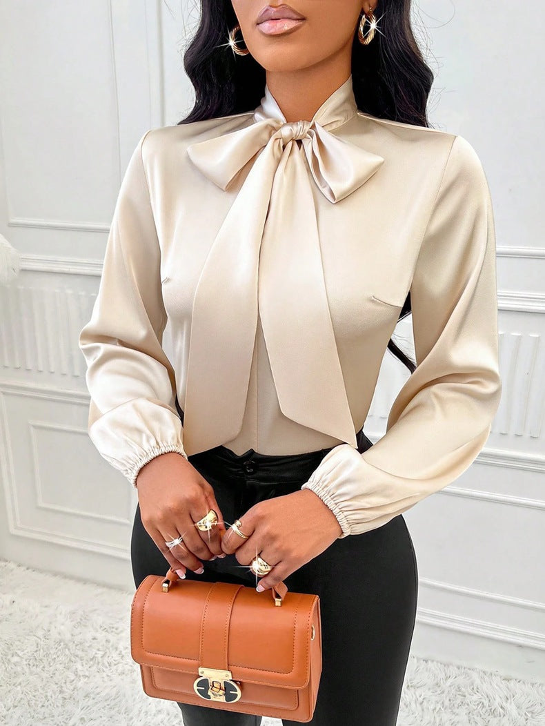 Women Satin Bow Long Sleeve Shirt