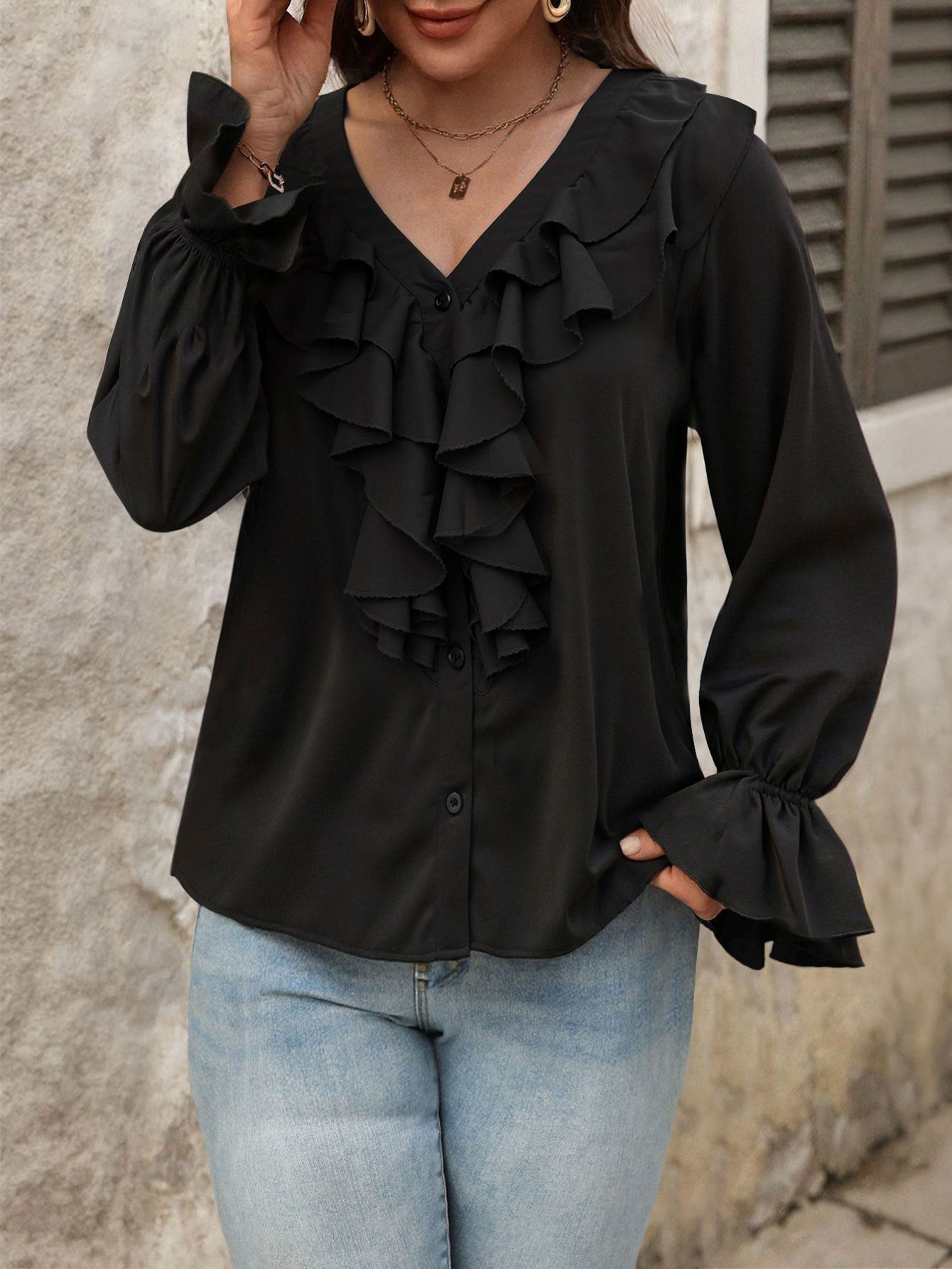 Women V neck Ruffled Elegant Shirt