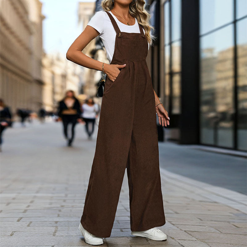 Women Maillard Solid Color Corduroy Suspender Pants