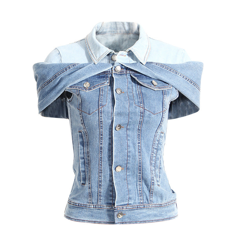 Sweet Cool Stacked Shirt Slimming Denim Shirt Spring Summer Color Matching Faux Two Piece off Shoulder Waist Tight Denim Shirt for Women