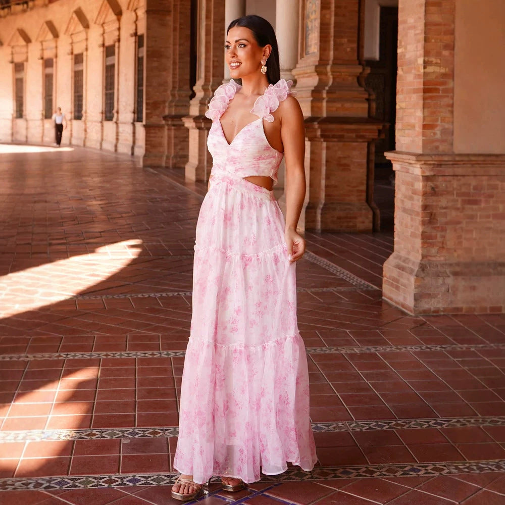 Summer Vacation Chiffon Printed Backless V Midi Dress