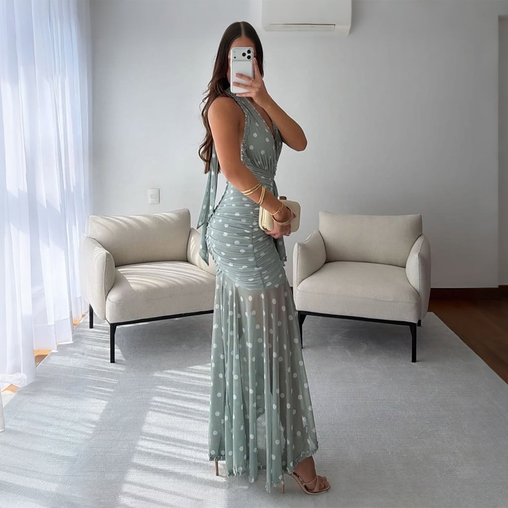 Women Summer Halterneck Printed Lace up Dress
