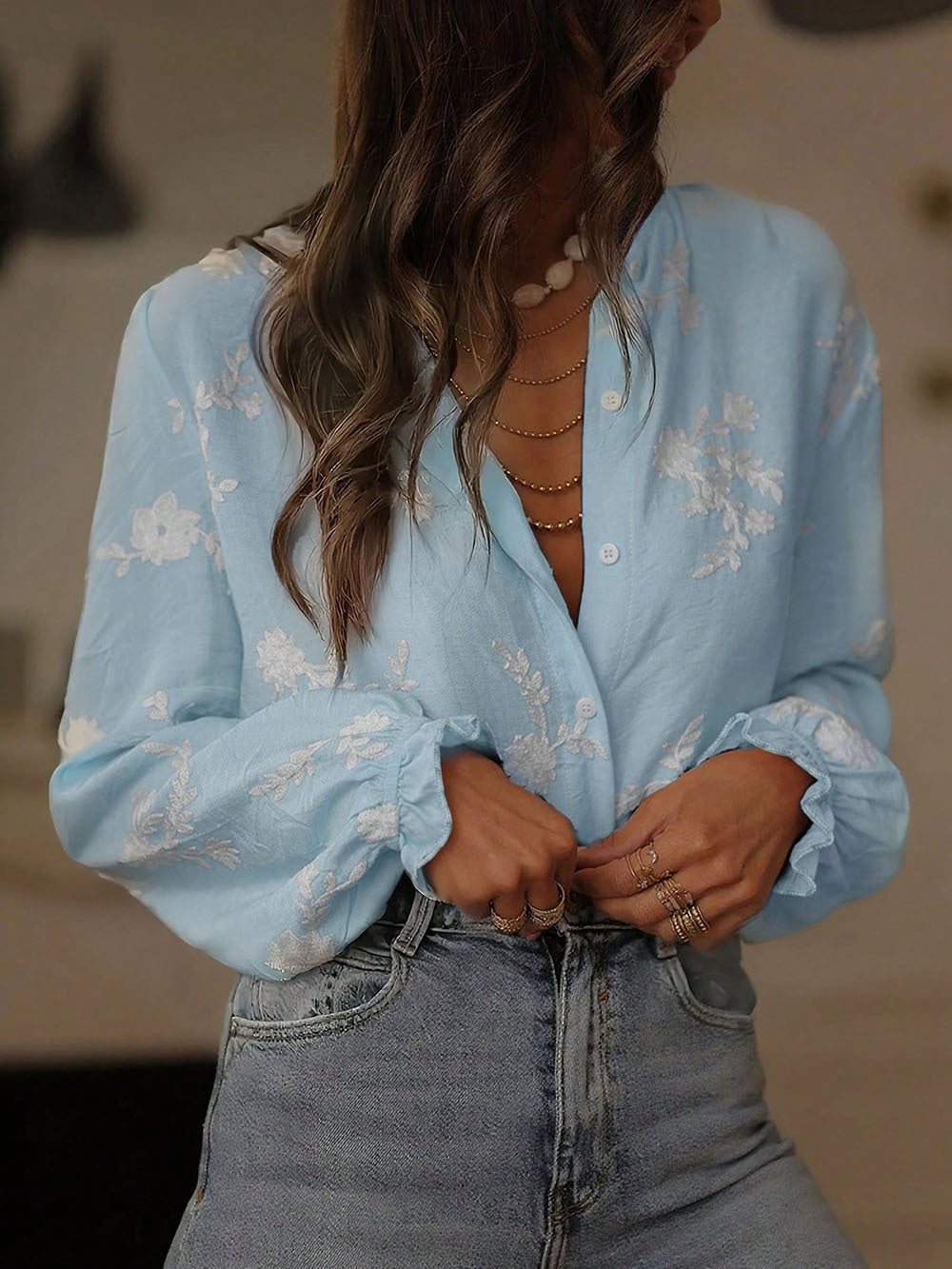 Popular Women Cardigan Puff Sleeve Casual Shirt Top