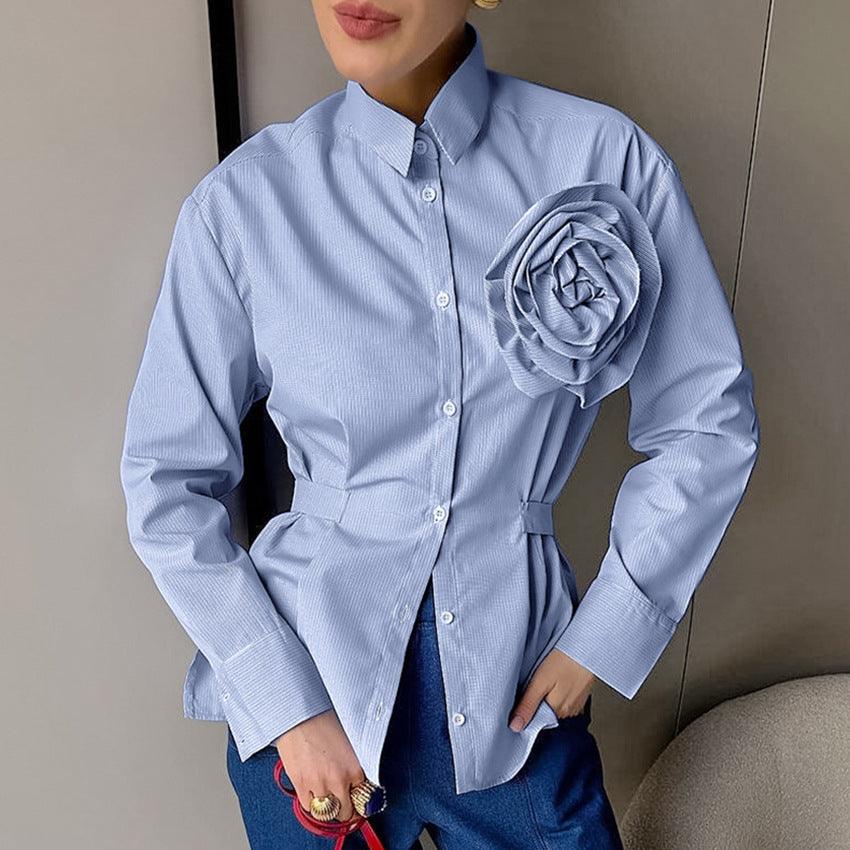 Autumn Casual Striped Blue Floral Shirt - Venus Trendy Fashion Online