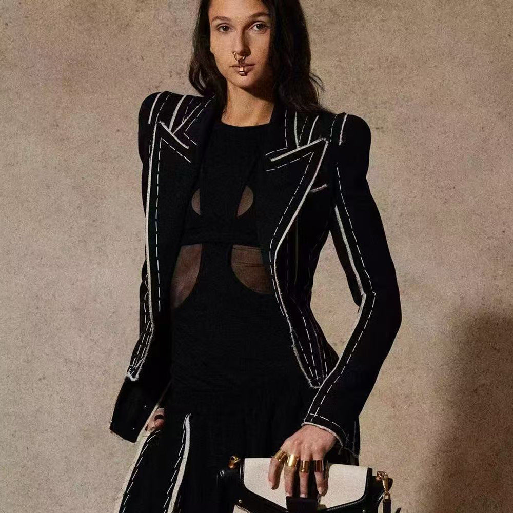 Solid Color Contrast Fringe Bead Line Jacket