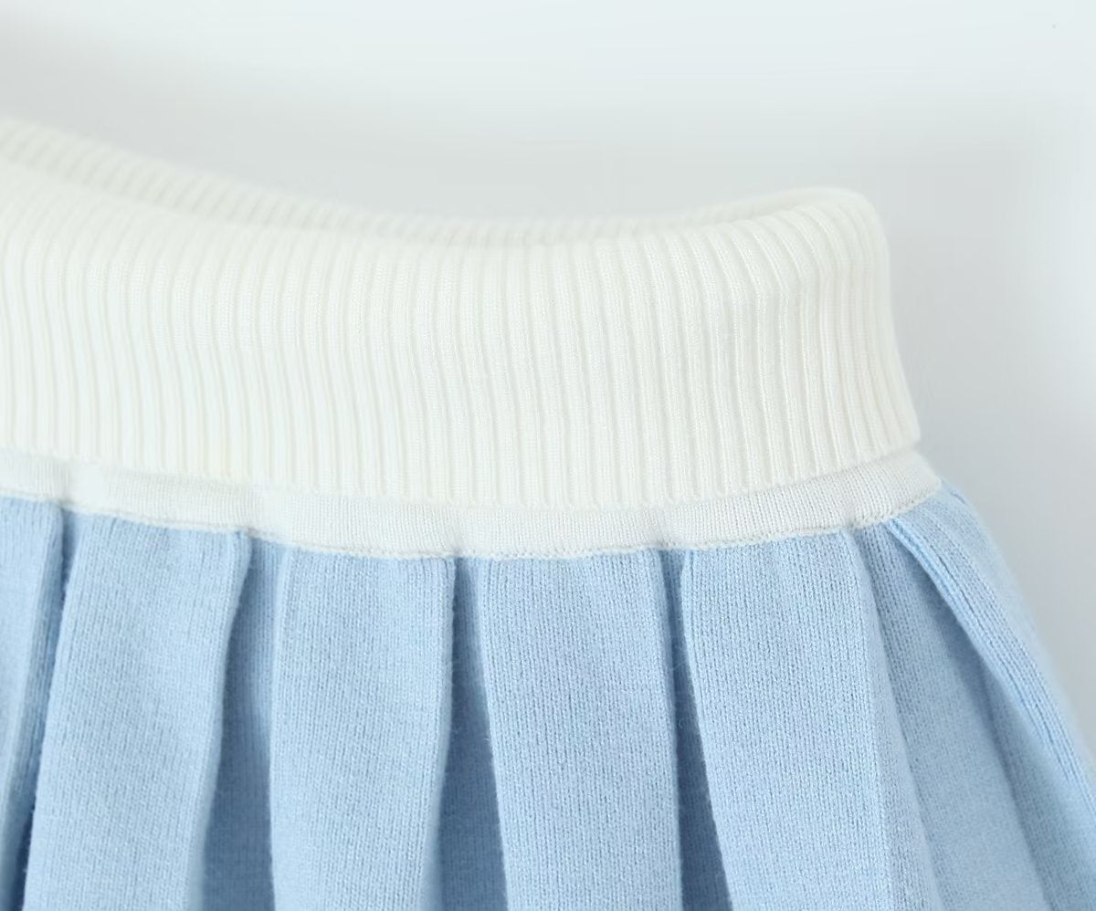 Women Blue Irregular Asymmetric Knitting Pleated Skirt