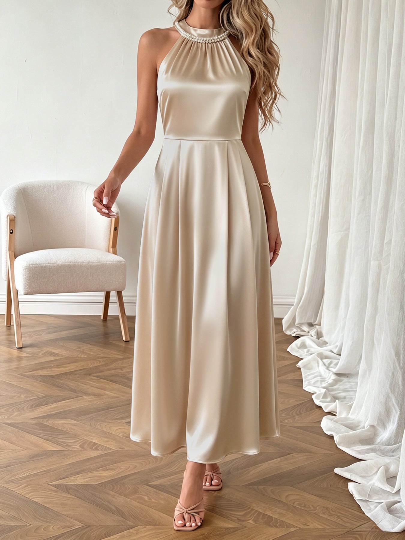 Luxury Champagne Satin Halter Beaded Collar Dress